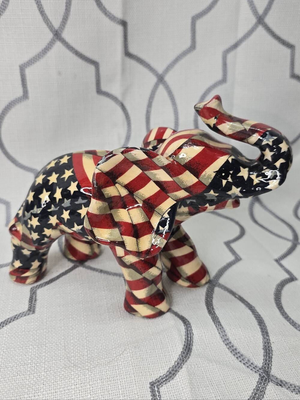 Vintage La Vie American Flag Patchwork Porcelain Elephant Figurine Patriotic USA